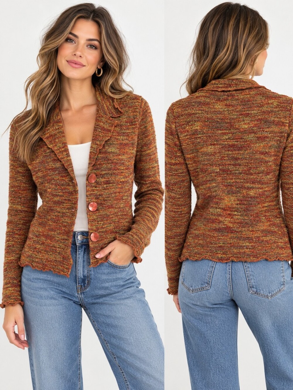 Nomadic Traders Size S Rust Orange Marled Knit Cardigan Blazer Wool Blend Boho